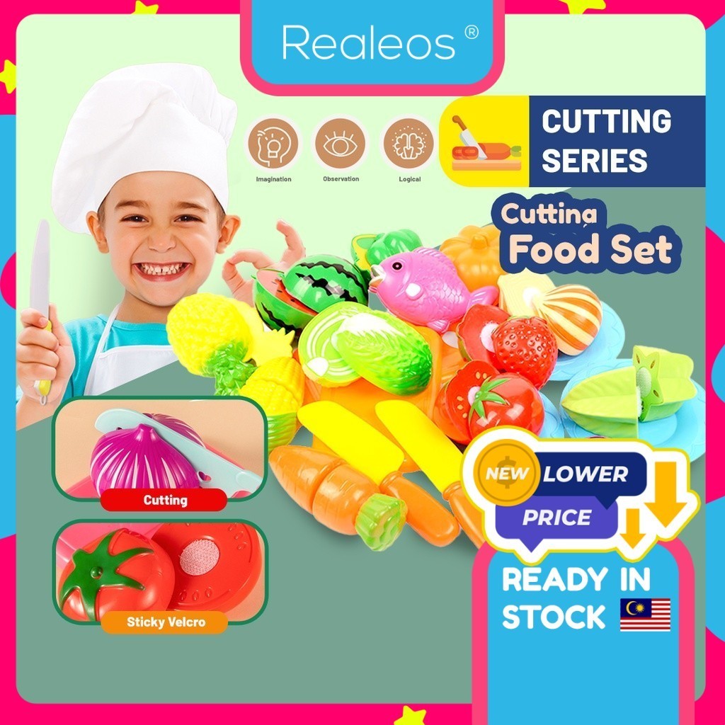 Realeos Peel Fruit Durian Vegetable Kitchen Cutting Toys Basket Pretend Play Set Food Toy Kids Mainan Dapur Playset