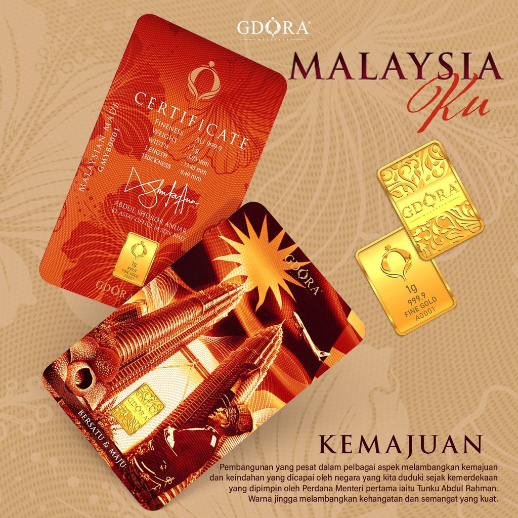 GDORA Gold Bar 1.00gram '' Malaysiaku Kemajuanku '' 999.99