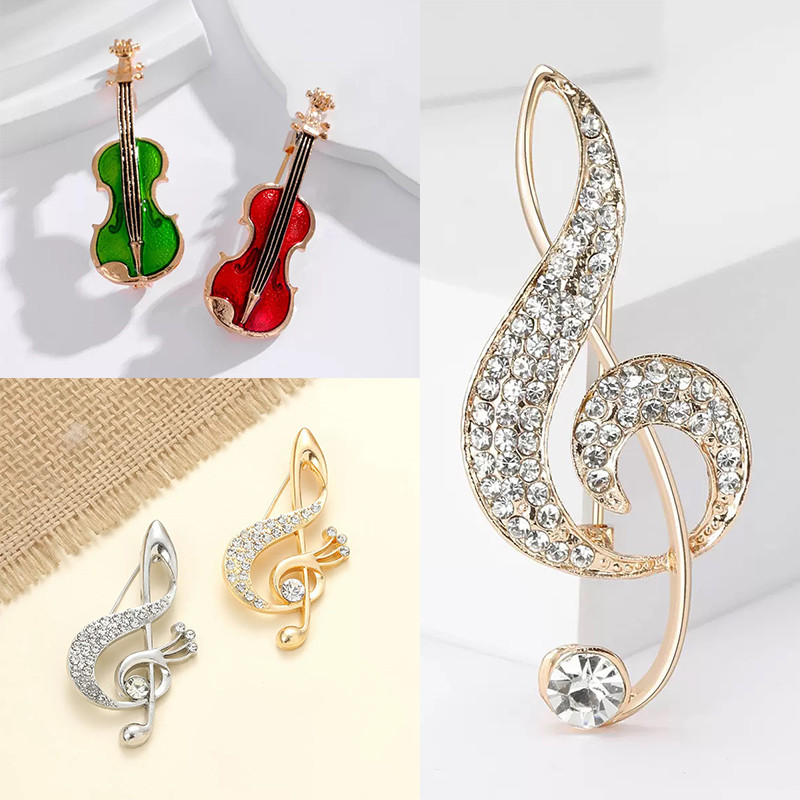 Elegant Violin Brooch with Sparkling Music Note Pins, Unique Suit Lapel Button Decor Jewelry for Fashion Style