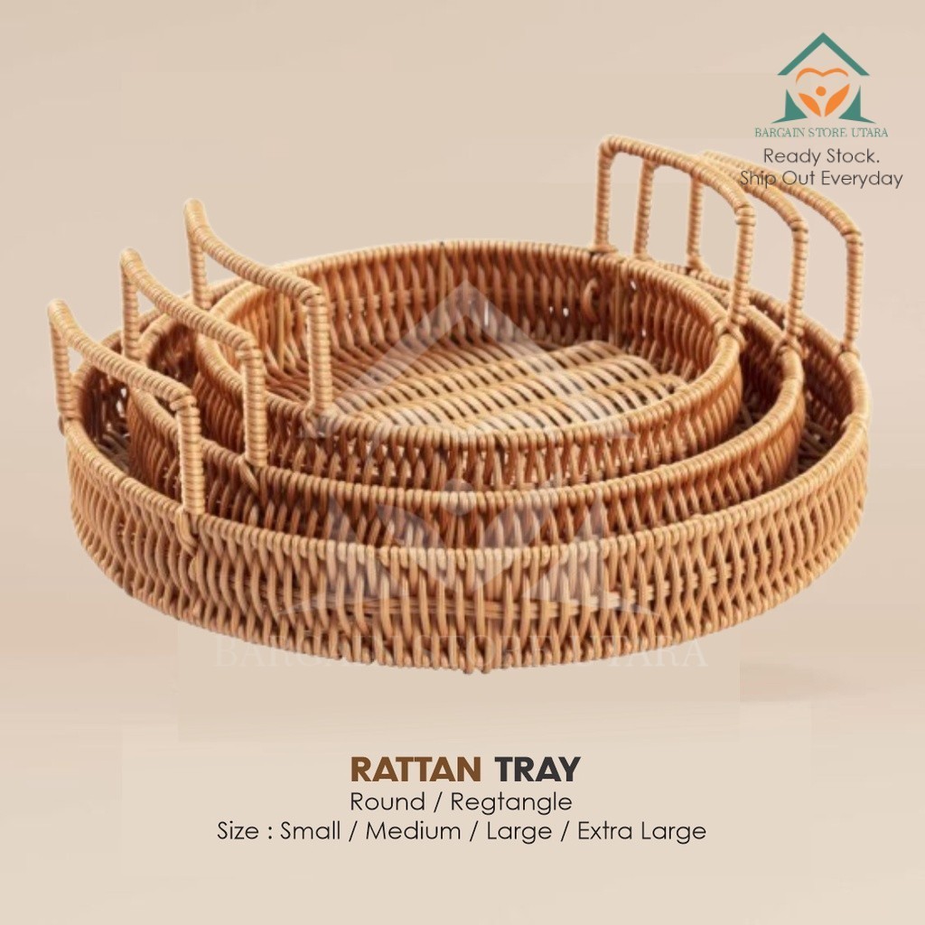 [BSU] Portable Round Rattan Tray Food Wicker Basket Sorage Home Deco With Handle 3 Sizes Rectangle Dulang Rotan Pemegang