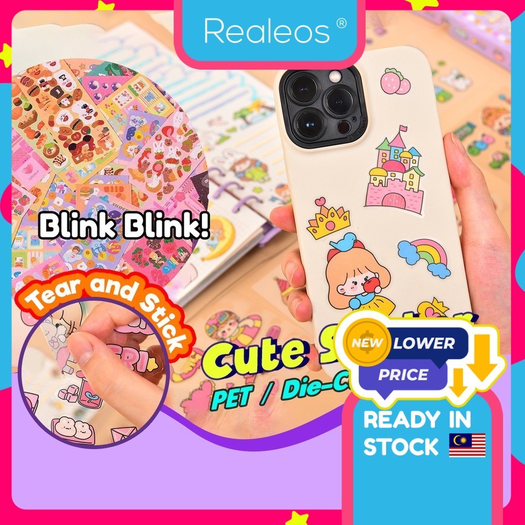 Realeos 1pcs Kids Cute Girl Water Resistant PET Stickers Blink Sticker for Book Bottle Stationery Animal Car Cartoon