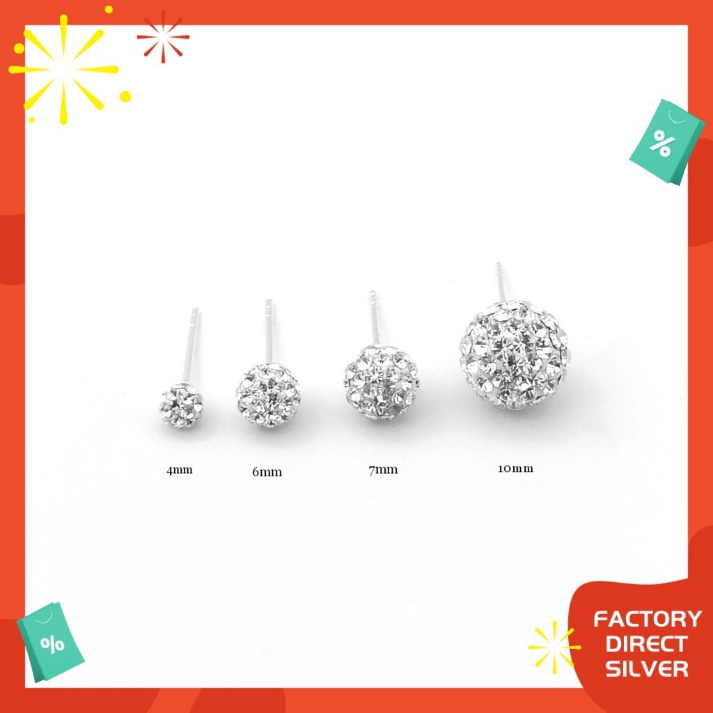 HARGA KILANG#E223 Silver 925 Crystal Glitter Ball Stud Earrings (Subang) Original Silver