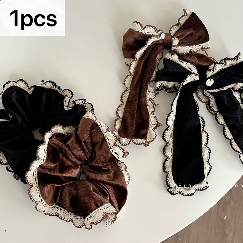 Korean Version Lace Scrunchy Hair Tie Fashion Simple Bow Flocking Side Clip