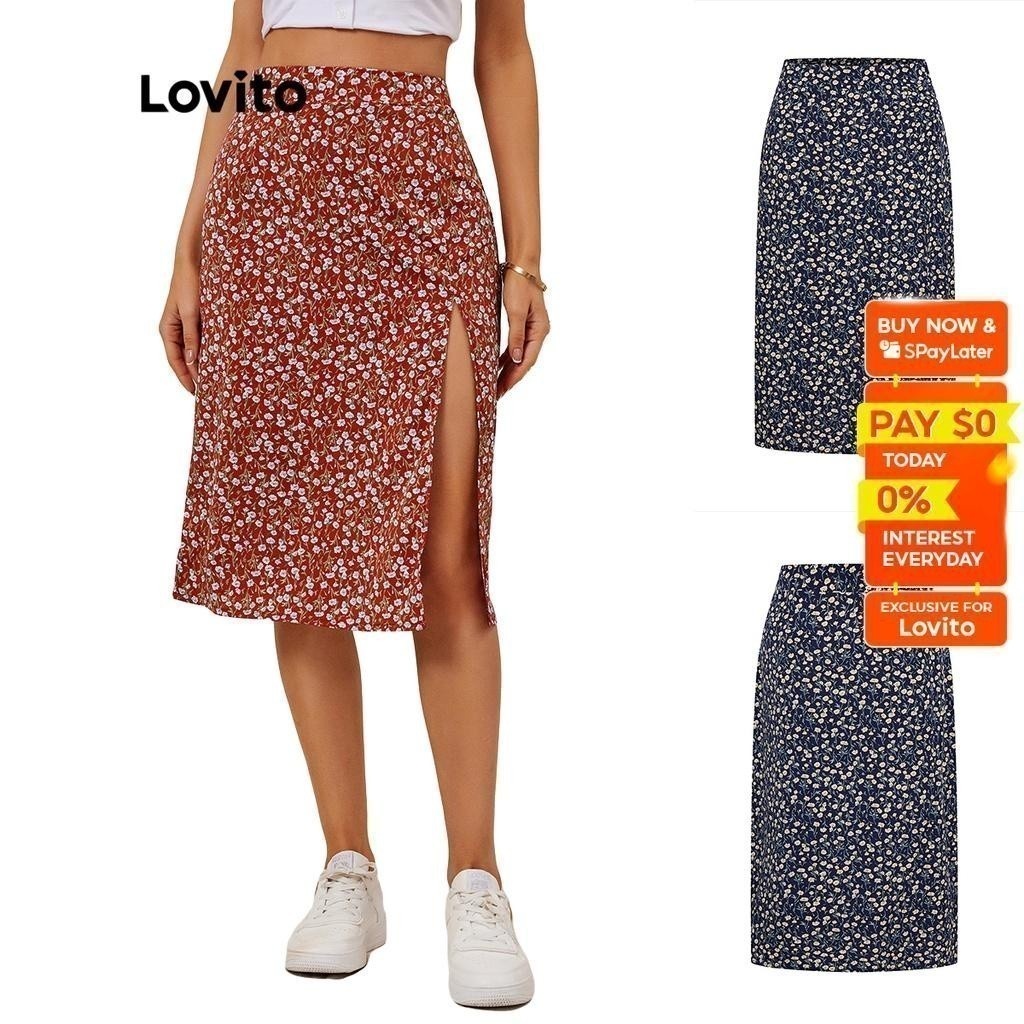 Lovito Casual Ditsy Floral Split A-Line High Waist Midi Skirt For Woman L18D019 (Red/Dark Blue)