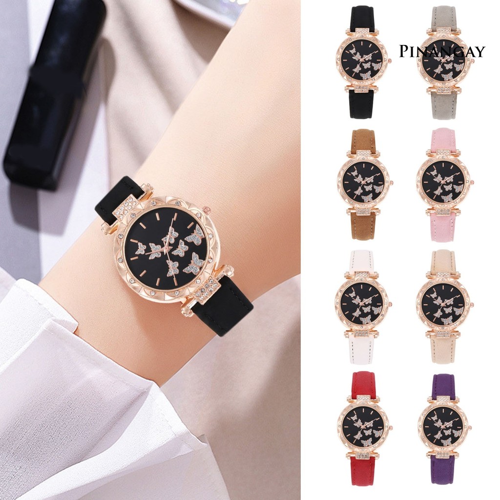 pinangay 1 Set Women Watch Necklace Bracelet Ring Ear Studs Rhinestone Butterflies Round Faux Leather Strap Ladies Dress Wrist Watch Fashion Jewelry Birthday Gift