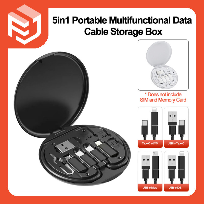 5in1 Portable Multifunctional Data Cable Storage Box 60W Fast Charging Cable For Type-C USB PH Plug