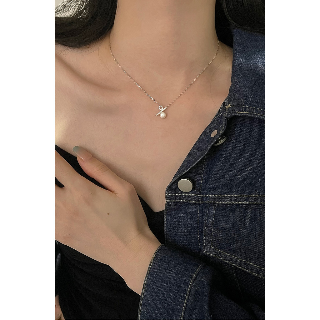 rantai leher perempuan rantai silver 925 original rantai silver 100% cinta S925 Sterling Silver Niche Reka Bentuk Peratusan Simbol Kalung Rantaian Selangka Wanita Premium Sense Shell Manik Mutiara