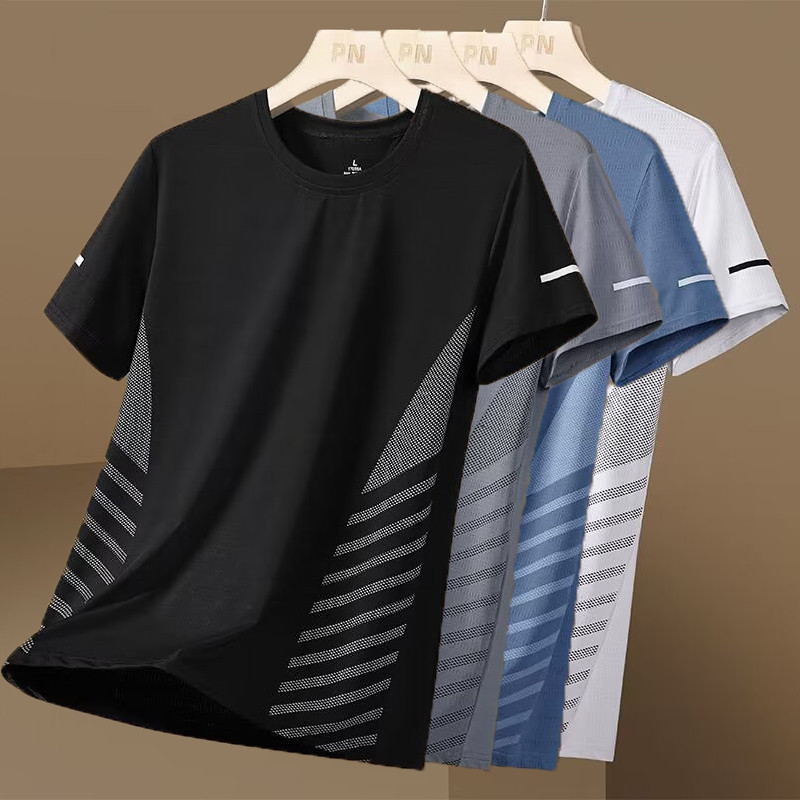 Ice Silk Men's Dri-fit Shirt Fashion Quick-Dry Solid Color Training/Sports Loose Mesh T Shirt Summer Cool Short Sleeve Casual Dri-Fit Basic Tops for Men Plus Size