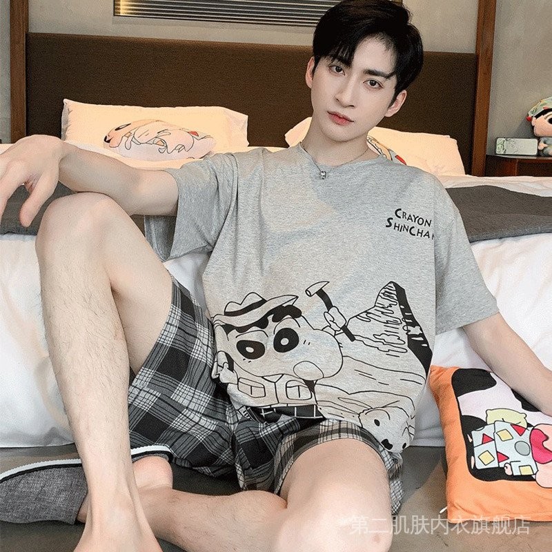 男士 睡衣 Men's pajamas睡衣男士短袖薄款青少年卡通蜡笔小新200斤可外穿家居服套装 7.10