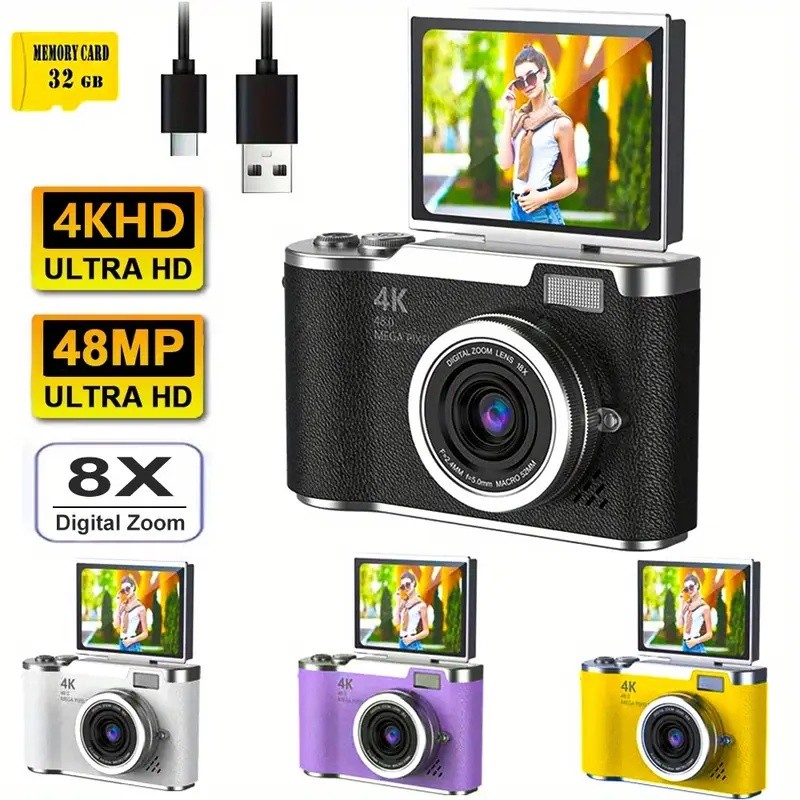 【Free 32/64GB】4K Digital Camera 48MP CCD180°Flip Screen 8XAuto Zoom Portable Selfile Camera Camera Student Travelling
