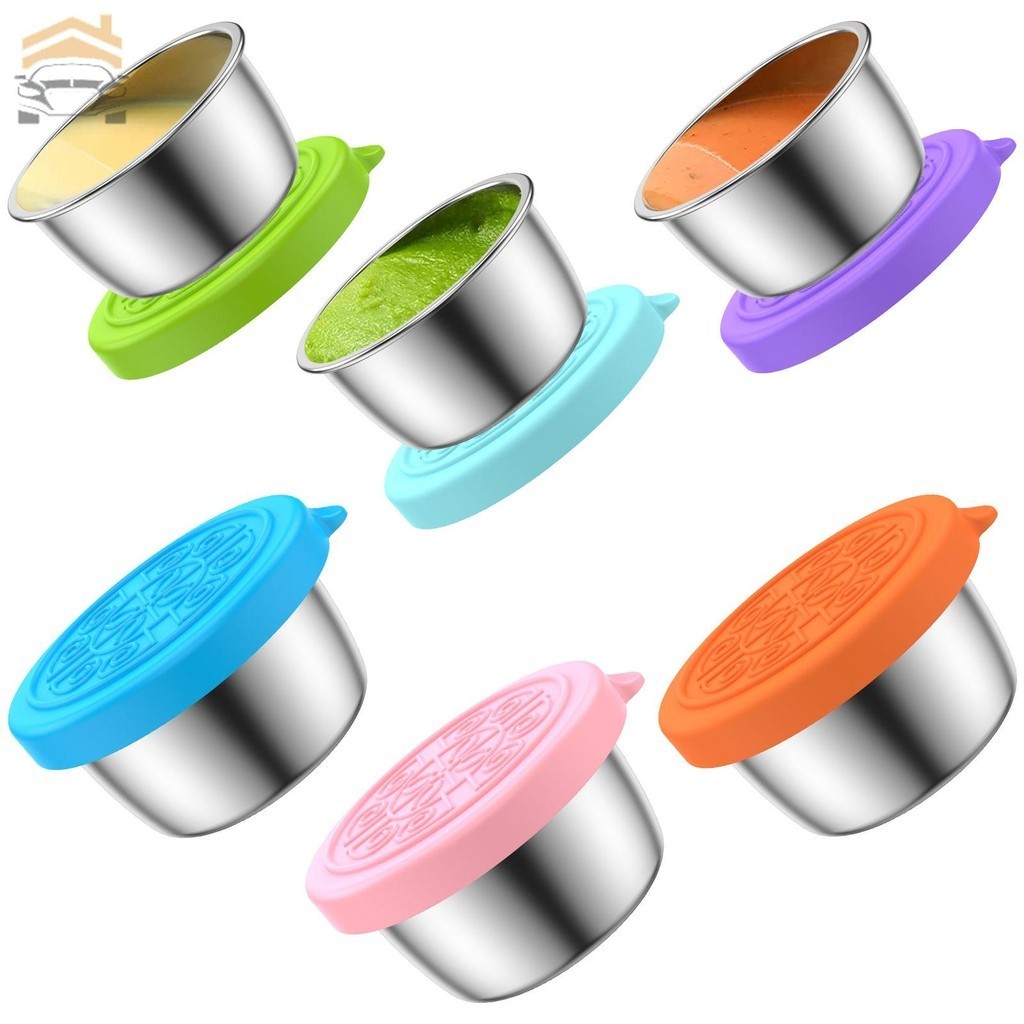 6 Pcs Salad Dressing Containers 1.5oz Mini Stainless Steel Food Storage Container Small Condiment Containers Include Silicone Lids Dishwasher Safe Dipping Sauce Cups SHOPCYC7372