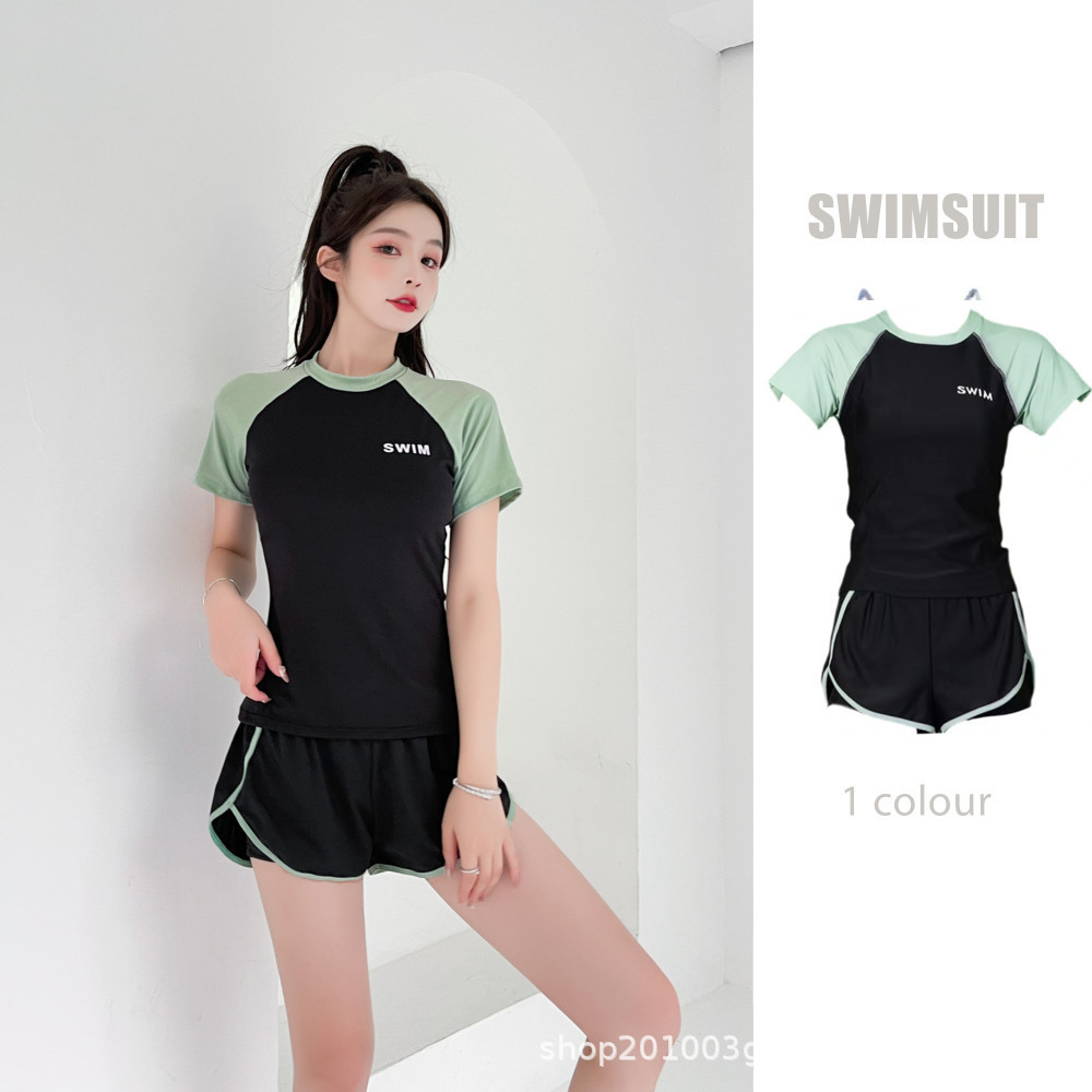 Swimsuit Female Split Sports Style 2024 New Style Fashion Slimmer Look Cover Belly Conservative Swimming Pool Running Short-Sleeved S