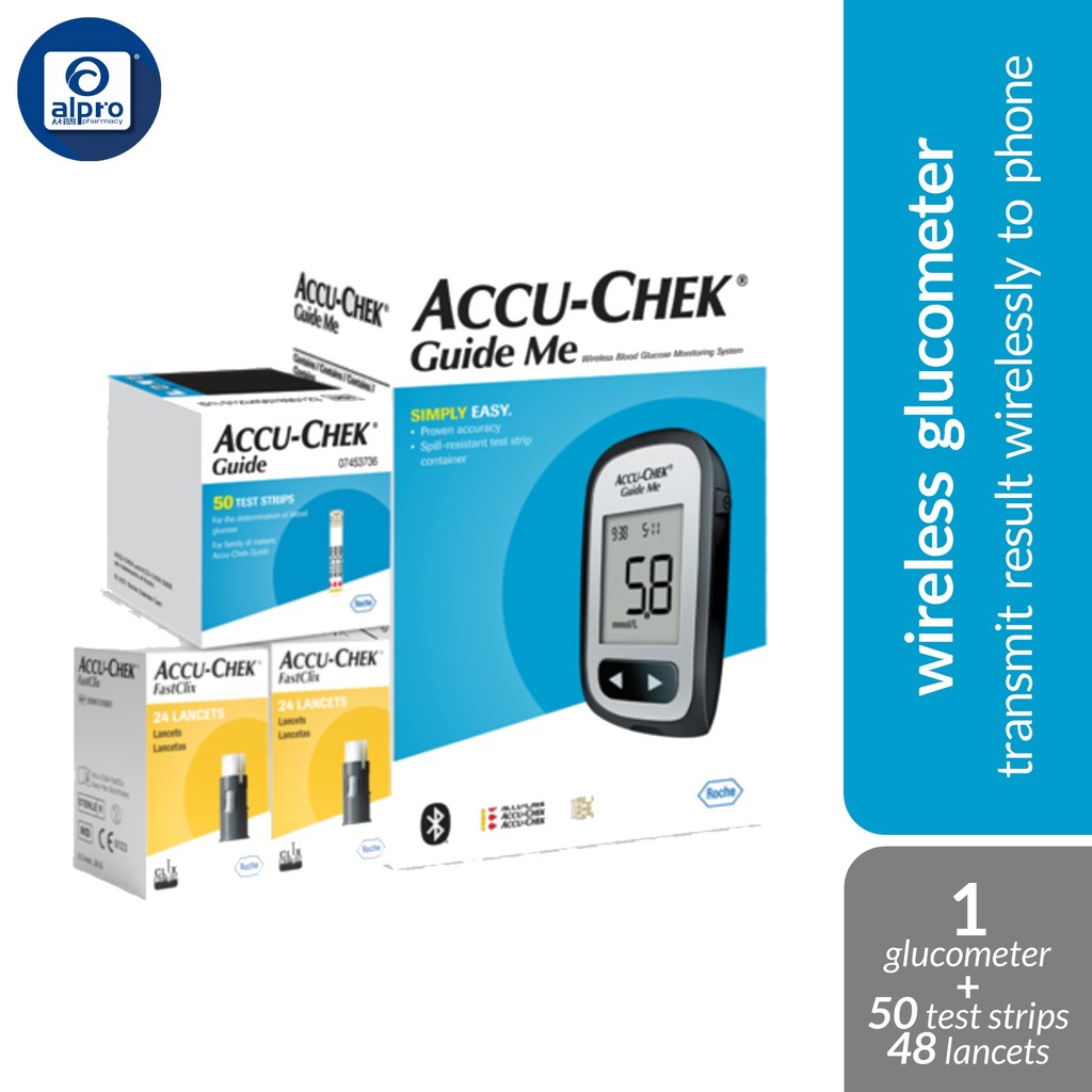 Accu-Chek Guide Me Starter Kit (with 50 Test Strips & 2×24 Lancet) | Transmit Result Wirelessly To Your Smartphone