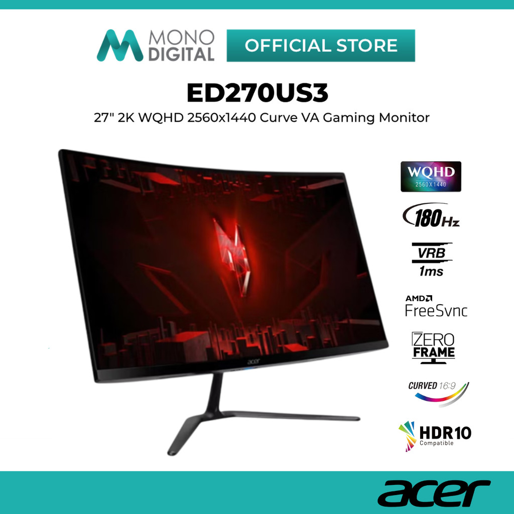 ACER 27" NITRO ED270US3 / ED270U S3 WQHD 2K (2560x1440P@180HZ) LED CURVE VA PANEL GAMING MONITOR (1M