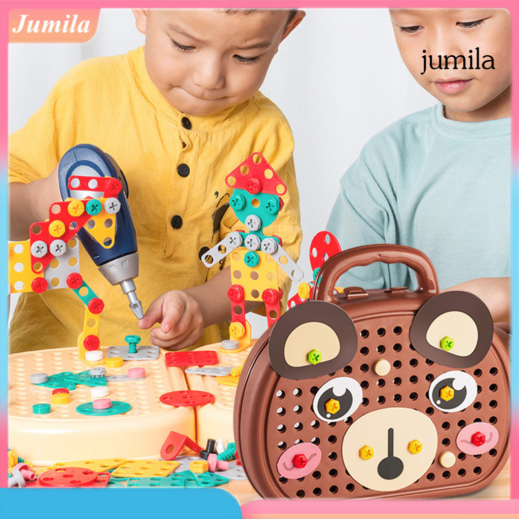 [jum] Screw Building Blocks with Low Speed Electric Drill And Play Toolbox Children Skill Training Entertainment Hand-eye Coodination Toy Educational Construction Engineering Toy