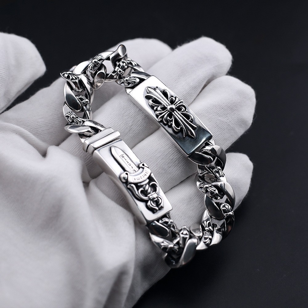 Silver 925 Double Sided Justice Cross Flower Bracelet Vintage Punk Rock Accessories Street Hip Hop Jewelry Luxury Party Gift 4338
