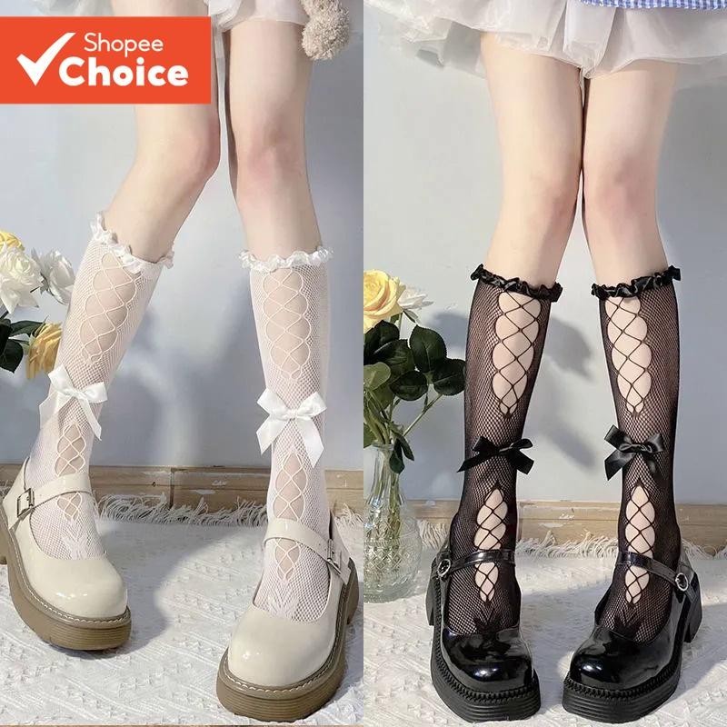 1 Pair Women Lolita Calf Socks with Bow & Lace - Sheer Cosplay Socks for JK Fashion, Black/White Optional (Clearance Sale)