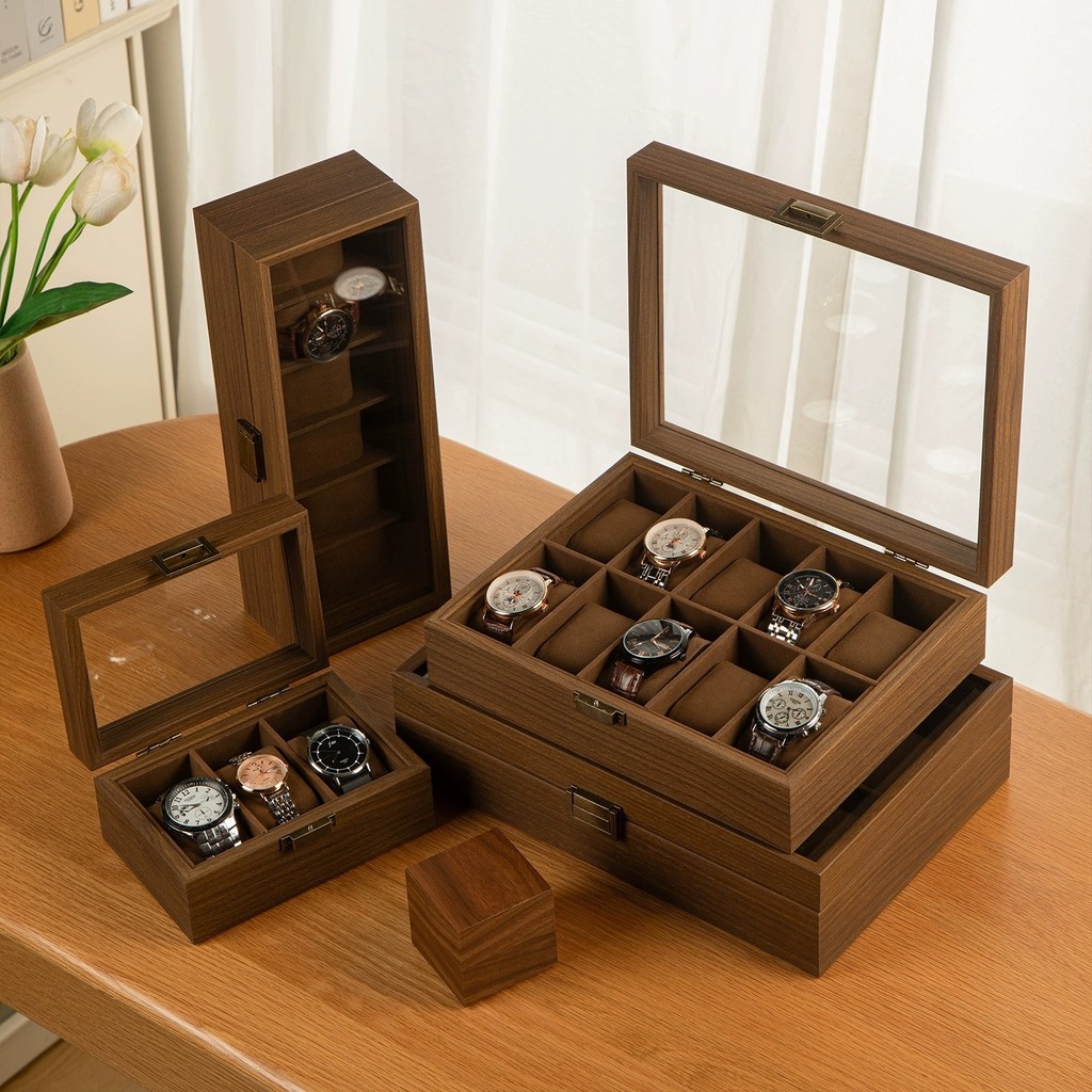 Retro Wooden Watch Box 3/6/10/12 Grids Watch Display Case Storage Box Transparent Watch Holder Organizer Watch Case Jewelry Box with Glass Lid Ideal Gift for Men Women