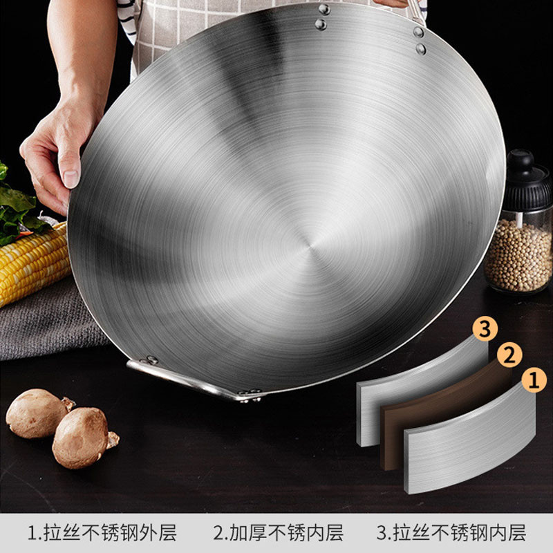 30-55CM Large Size High Quality Stainless Steel Double Ears Non-stick Wok Frying Pan Kuali Kuali Tak Lekat Telinga Dua