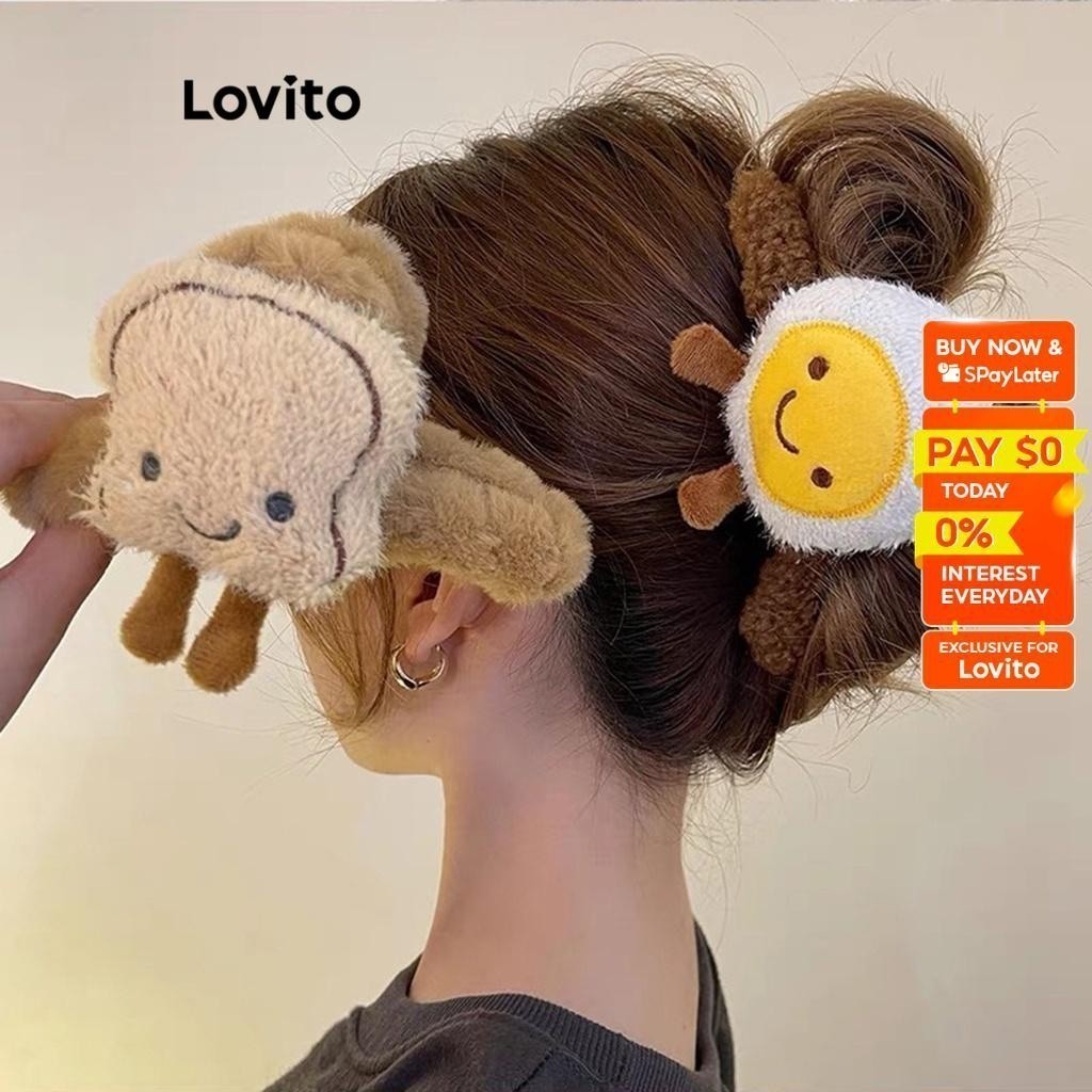 Lovito Cute Cartoon Faux Fur Embroidery Hair Clips for Women L60AD073 (Brown/Off White) Lovito Jepit Rambut Bordir Kartun Bulu Palsu Lucu untuk Wanita