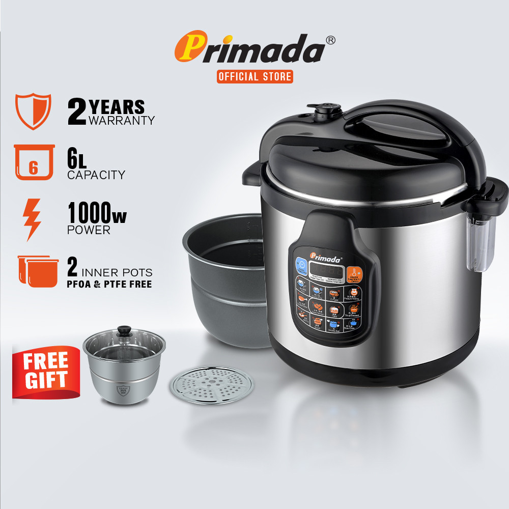 Primada 6 Liter Dual Pots Pressure Cooker PC6030(1 NON STICK POT + FREE 1 STAINLESS STEEL POT + 1 STEAM RACK)