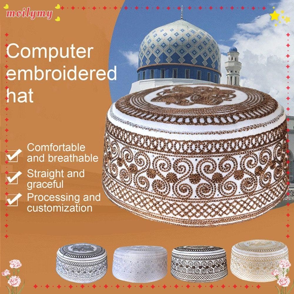 MOILYMY Muslim Hat, Breathable Embroidery India Caps, Fashion Saudi Arabian Islam Comfortable Prayer Hat for Men