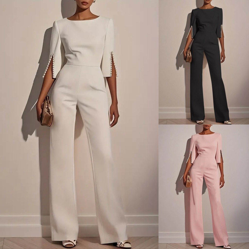 Elegant Beaded Jumpsuit for Women - 3/4 Sleeve Solid Color Formal Wear | Slim Fit Office & Party Outfit | Classy Fashion