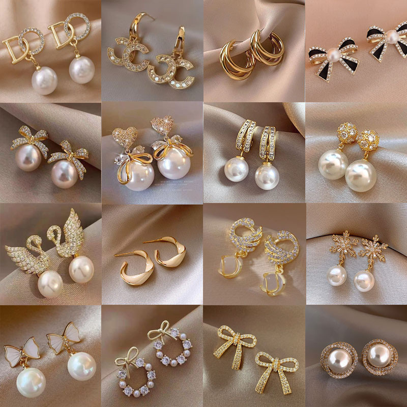 Korean S925 Silver Needle White Pearl Diamond Earrings Casual Women Ear Studs Girl Earrings Subang Telinga Women Jewelry Accessory