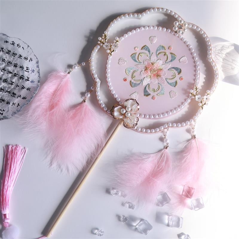 Tuan Fan Ancient Long Handle Tassel Dance Hanfu Embroidered Round Fan Fairy Tuan Flower Cluster Brocade