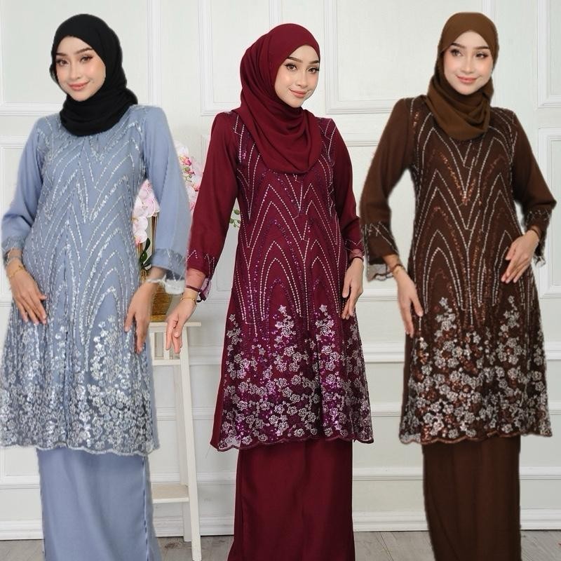 Baju Kurung Puteri Kurung Lace Eksklusif Wanita Sets Clothing Italian Como Crepe Round Neck Kembang Payung