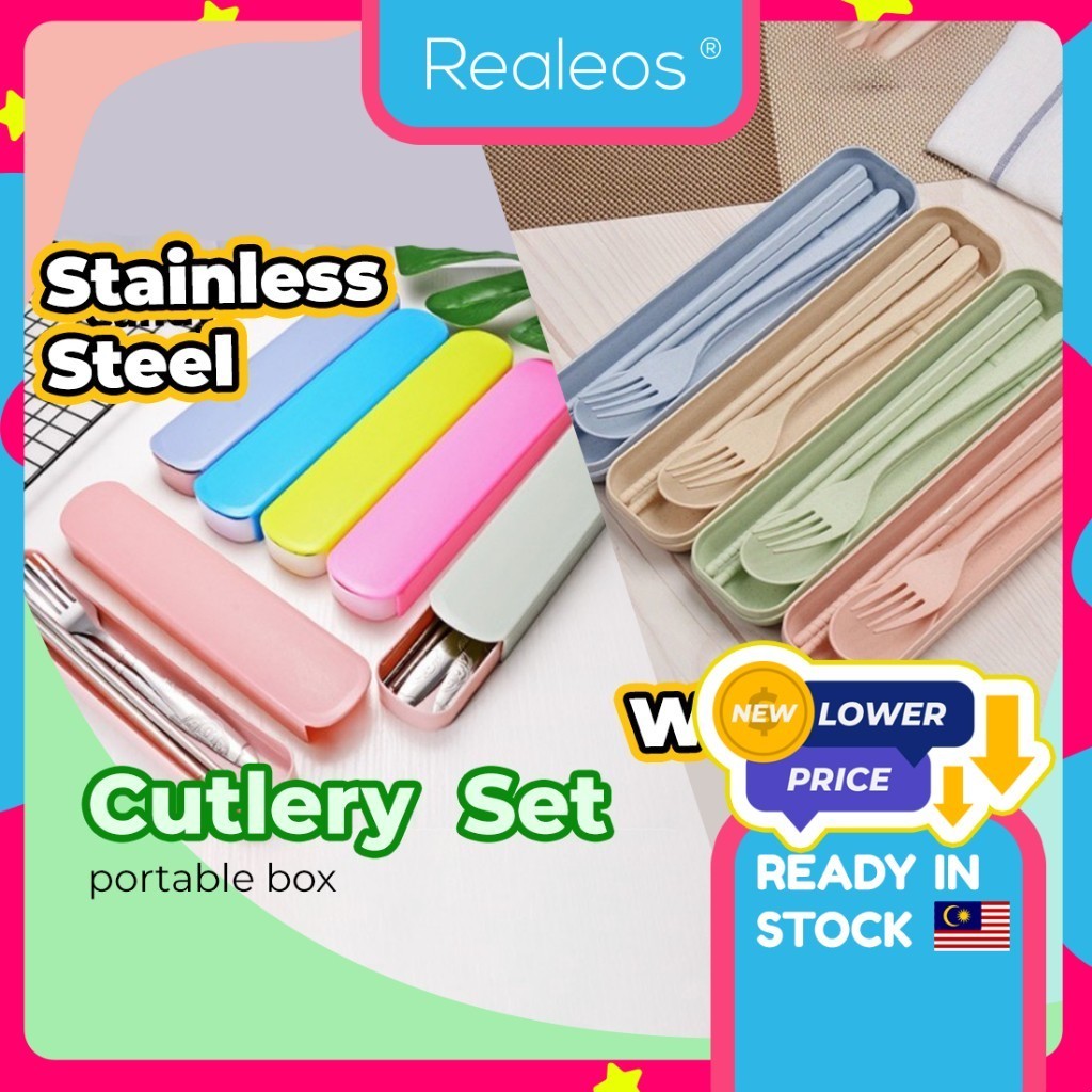 Realeos Wheat Cutlery 3 PCS Set Stainless Steel Eco-friendly Reusable Tableware Kit Box Chopsticks Spoon Fork Portable