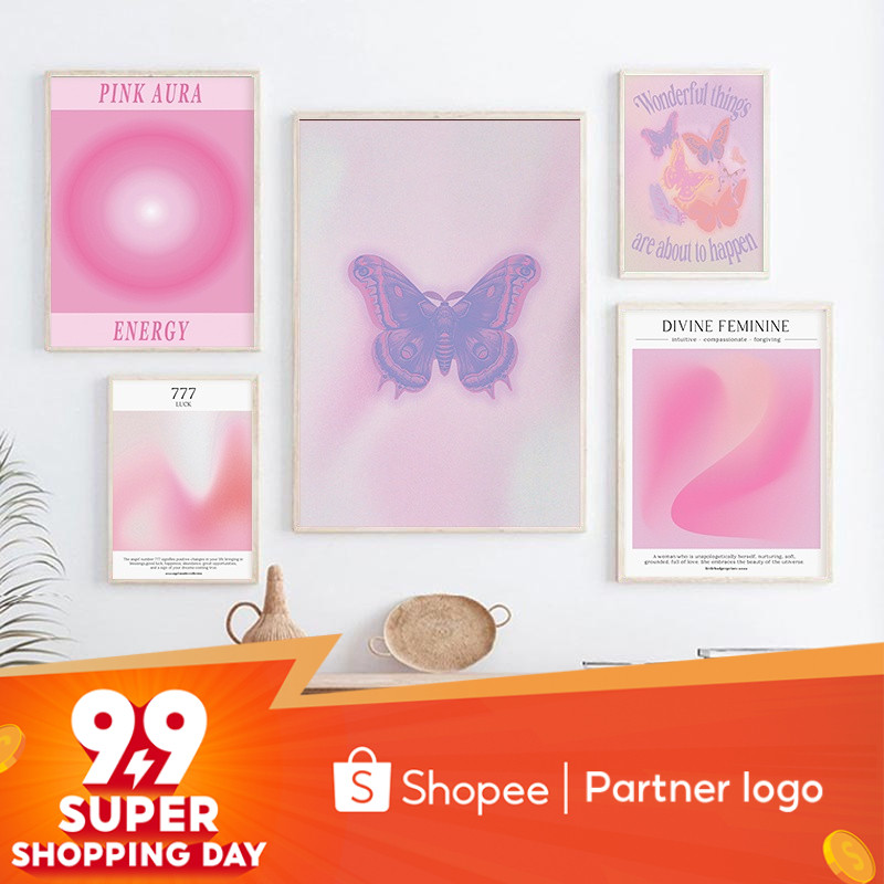 Aura Gradient Pink Poster Spiritual Angel Wall Art Purple Butterfly Canvas Painting Print Aesthetics Home Decor