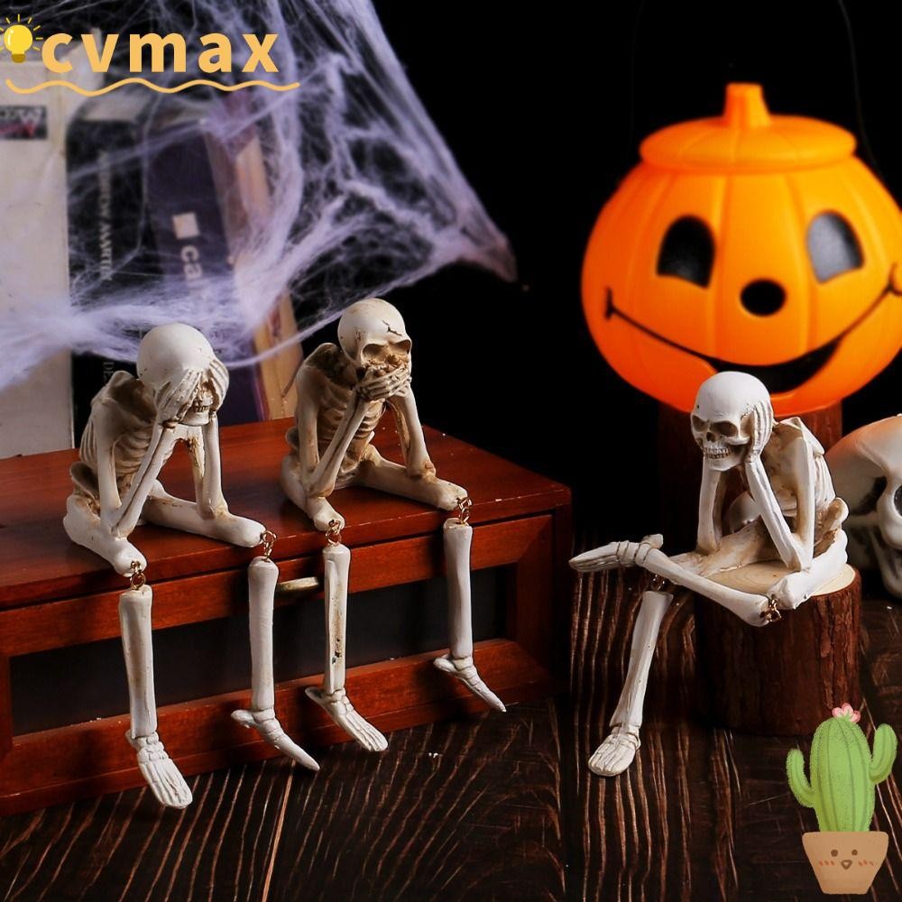 CYMX Halloween Human Skeleton, White Resin Hanging Leg Skeleton, Creative Don't Look Don't Listen Don't Say Photography Props Haunted House Decoration Bone Model Halloween