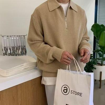 【S-3XL】Fashionable Men's Plain Long Sleeve Polo Sweater Vintage Style Lelaki Solid Korean Shirt