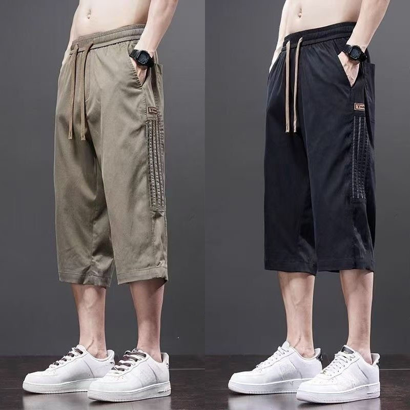 M-5XL Men's Korean Striped Summer Ice Silk Knee Length Short Pants Loose Over Knee Shorts Sports Quick Dry Cropped 3/4 Jogger Pants Plus Size