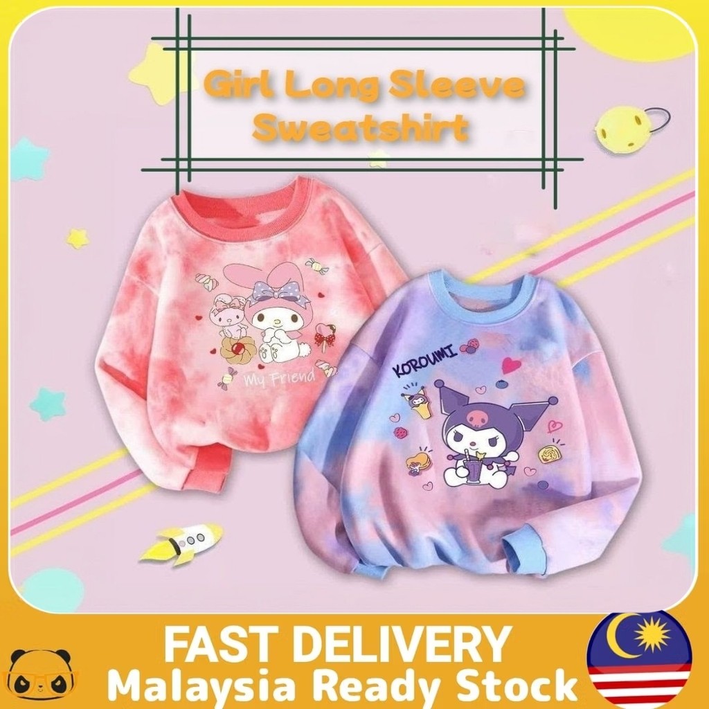 Baju Peluh Lengan Panjang Budak Perempuan Kid Girl Long Sleeve Sweatshirt Sweater Cartoon Casual Top Tie Dye Jacket