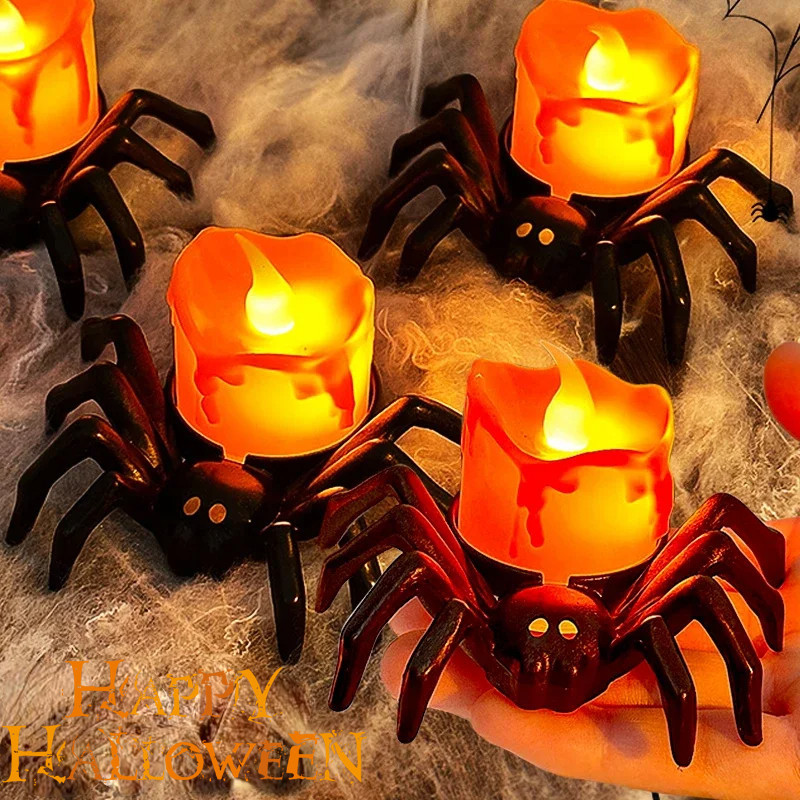 Halloween Battery Powered Candle Light - LED Plastic Spider Pumpkin Lamp - Haunted House Decor Horror Props