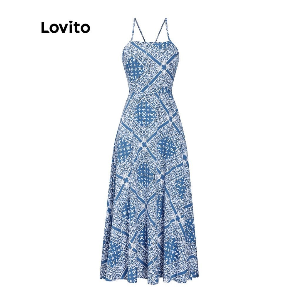 Lovito Boho Paisley Lace Up Draped Dress for Women L55AD052 (Blue) Lovito Gaun Terbungkus Renda Boho Paisley Untuk Wanita