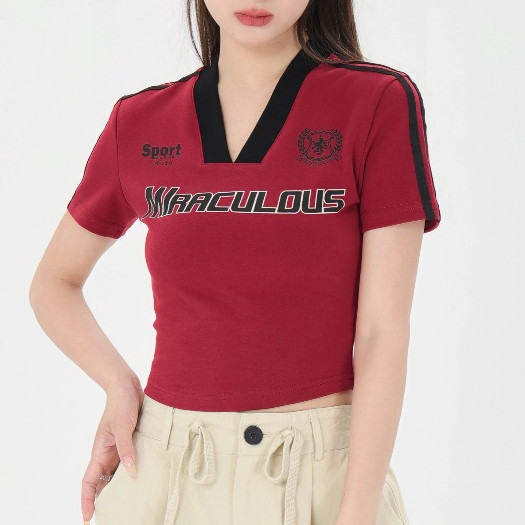 【READY STOCK AT Johor】 Hotgirl⭐Spicy Girl Top Women's Summer American Style Retro Contrast Letter V-neck T-shirt