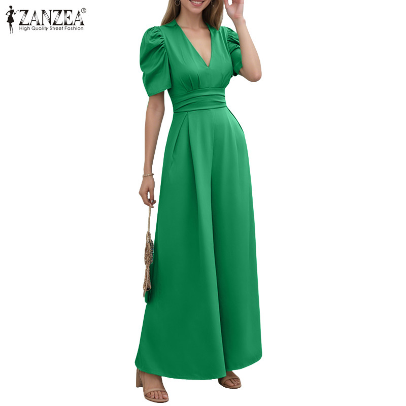 ZANZEA Women Fashion V-Neck Short Sleeve Straight Waist-Tightening Jumpsuits