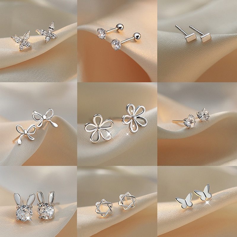 JOJO COCO S925 Silver Plated Earrings for Women Korean Style Butterfly Flower Love Zircon Hypoallergenic Earrings