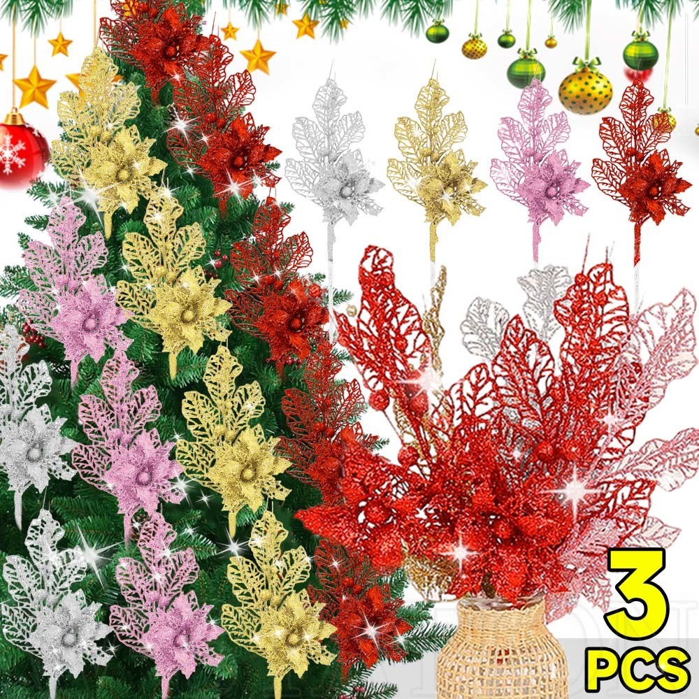 1/3Pcs Glitter Christmas Berry Branch - Artificial Leaves Flowers Bouquet - Red, Gold, Pink - Xmas Tree Ornaments - New Year Party Supplies - DIY Wreath Vase Home Decoration