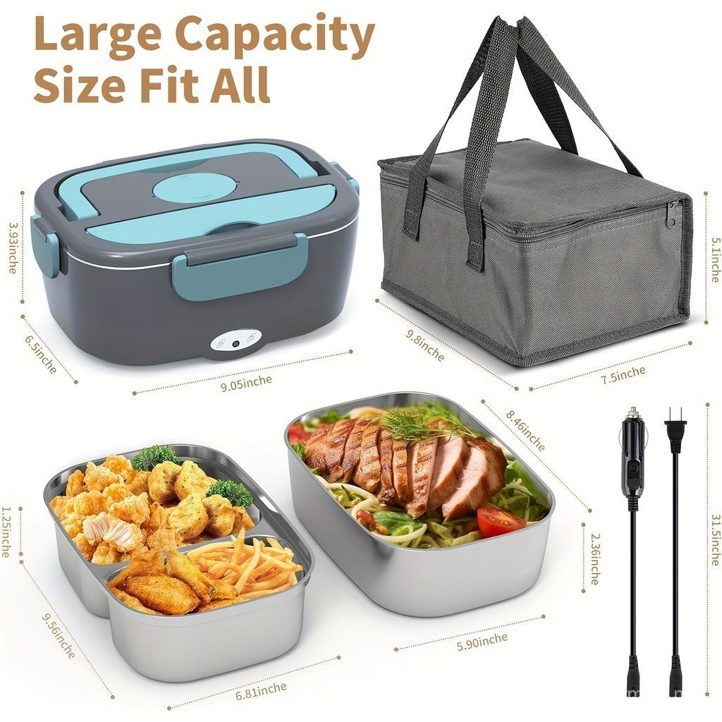 Electric Lunch Box - Portable Fast Heating Lunch Box (12V/24V/110V) - 1.5L Stainless Steel Container Adult Food Warmer - Suitable for Cars, Trucks, Offices and Outdoors (Green)