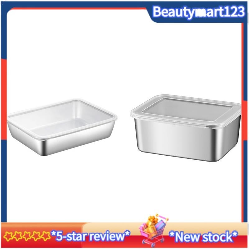 【BM】2Pcs Food Storage Plates Dish Cake Buffet Organizer Stainless Steel Serving Tray with Lid Rectangle Kitchen Container