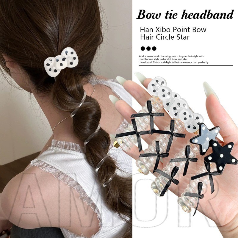 Polka Dot Star Pattern Hair Circle - Trendy, Vintage, Korean Style - Spiral Hair Scrunchie - Ponytail Braided Artifact - Telephone Line Hair Rope - Ribbon Bow Headband