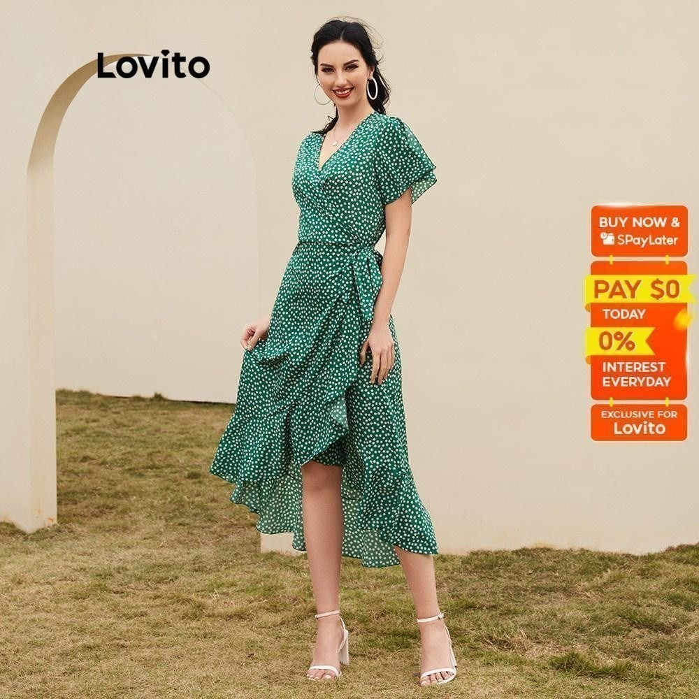 Lovito Boho Floral Print Split Deep V Neck Lace Up Long Dress for Woman L12014 (Green)