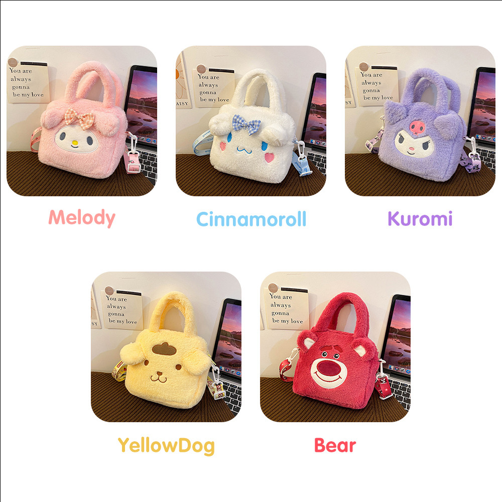 Sanrio Fluffy Crossbody Bag – Cute Kuromi & Melody Plush Shoulder Bag for Girls