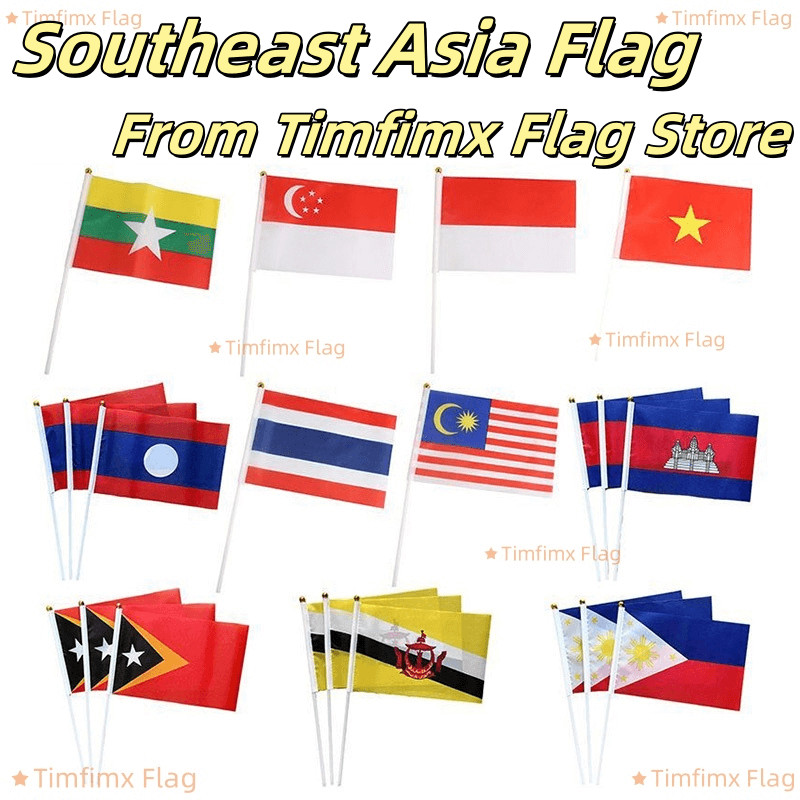 Timfimx 14x21cm Southeast Asia Handheld Flag ASEAN Country Flag Thailand Malaysia Singapore Philippines Vietnam Brunei Indonesia Laos Myanmar Cambodia East Timor Flag