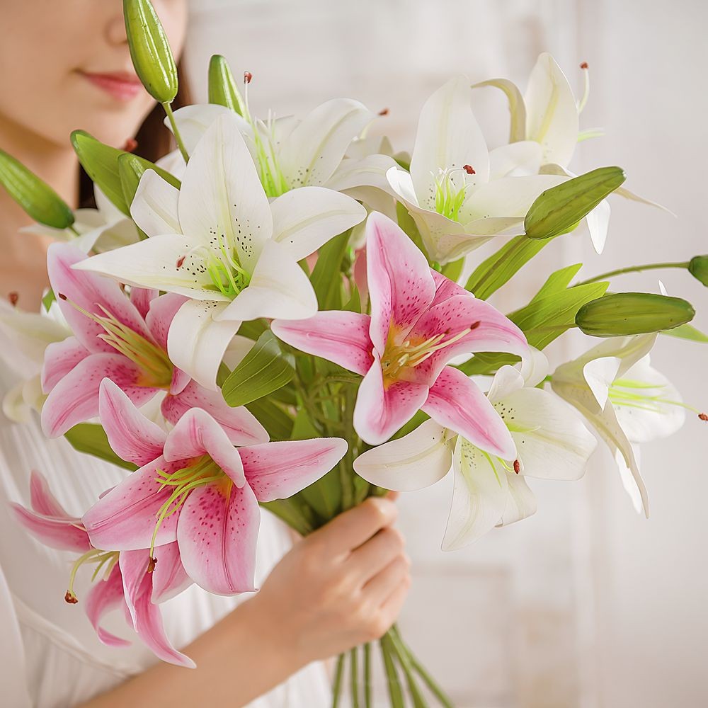 3 Heads Artificial Flower Lily Bouquets Plastic Lily Fake Flower for Wedding Home Hotel Decoration