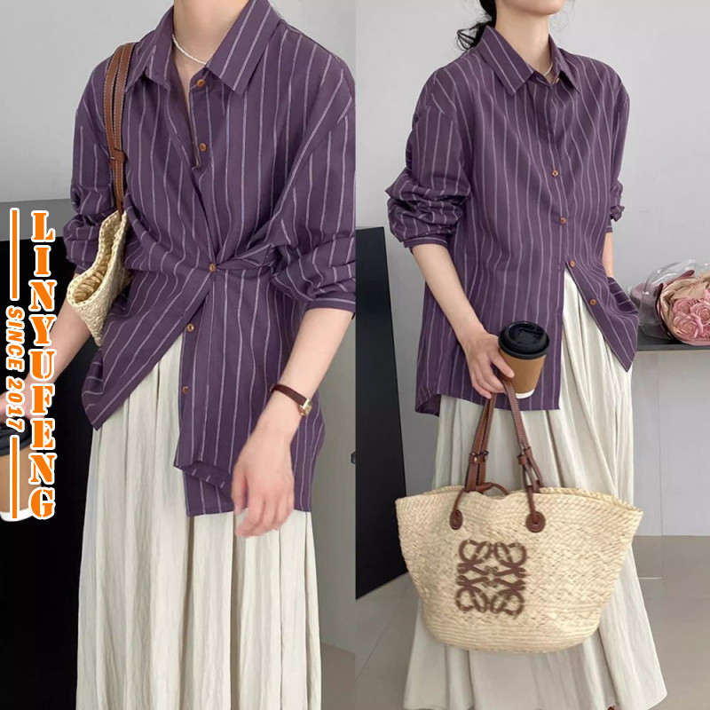 ?Linyufeng? Purple Stripe Blouse Women Korean Style Long Sleeve Loose Classy Elegant Ironless Casual Ladies Shirt Top Baju ootd Kemeja Lengan Panjang Perempuan Wanita Terkini Murah Cantik